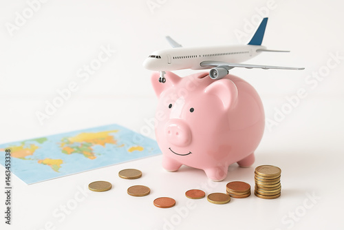 Conceptual image showing a pink piggy bank with a toy airplane balanced on top photo
