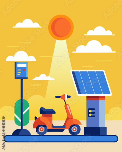 Basking in the sunlight a solarpowered electric scooter sits idle at a rental station awaiting its next rider and another round of emissionsfree adventures.. Vector illustration