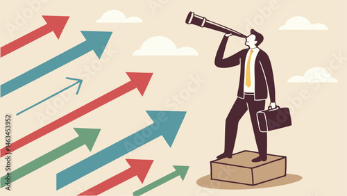 Forecast or prediction to see or analyze future opportunity, forwarding data analysis, leadership vision or discover investment plan concept, businessman look through telescope to see forecast chart.
