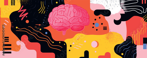 Colorful abstract brain illustration surrounded by dynamic shapes and patterns.