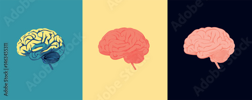 Colorful brain illustrations in triptych style featuring blue, red, and pink brains.