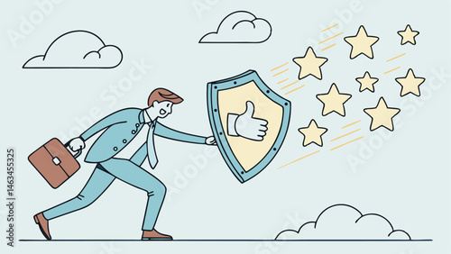 Protect brand reputation, trust or manage negative customer review, feedback or engagement, marketing solution, strategy concept, businessman shield protect star reputation form thumb down feedback.