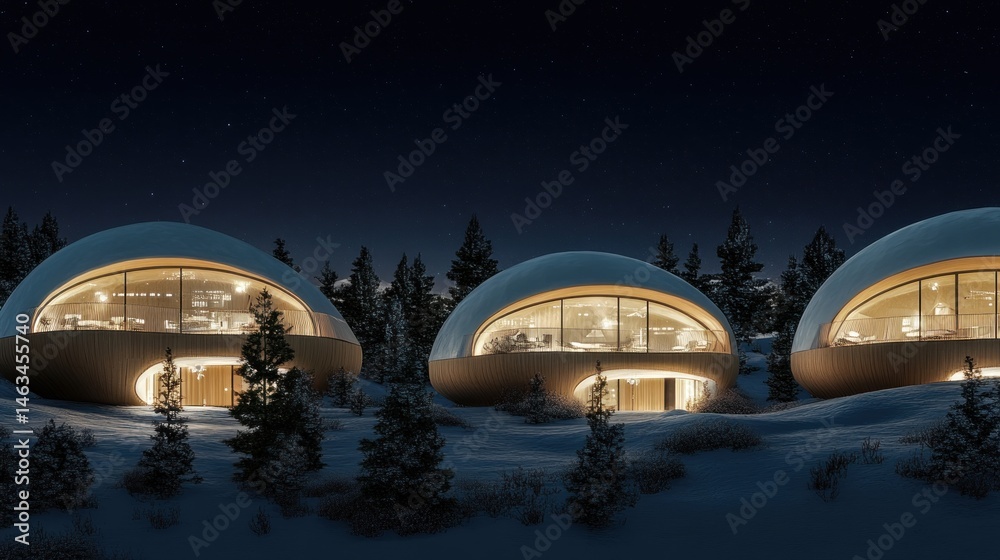 Obraz premium Unique dome home architecture in winter landscape under starry night sky houses buildings
