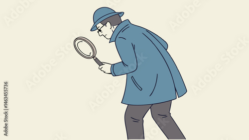 Search, discover, analyze report or specialist investigate and research for insight information concept, curiosity guy detective holding huge magnifying glass and thinking about evidence and result.