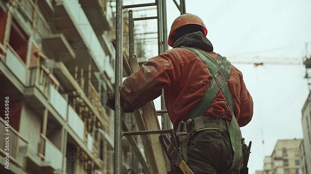 Fototapeta premium Construction Worker Climbing Scaffolding