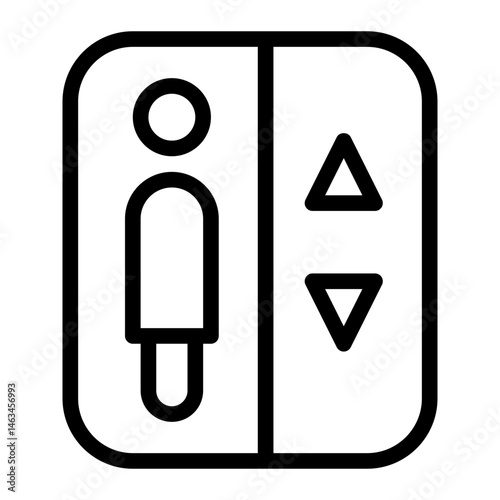 A line-style icon showing an elevator with one people inside and arrows above them pointing up and down