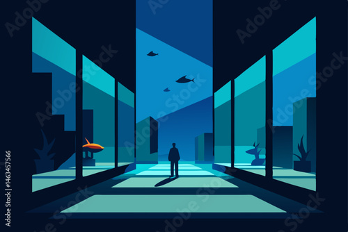 giant aquarium windows glowing in a dark plaza 