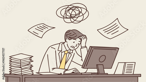Work stress, tired or fatigue from overworked, busy to finish project within deadline, anxiety or exhaustion, headache concept, frustrated businessman sitting on office desk with busy unfinished work.