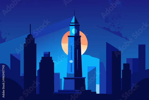 giant clock tower glowing blue amidst dark 