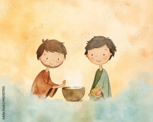 Watercolor painting of Esau trading his birthright to his brother Jacob for a bowl of soup.