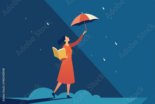 girl catching raindrops with open journal 