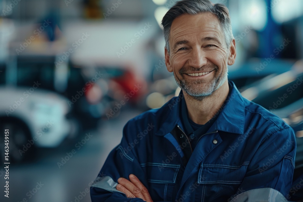 Smiling middle-aged male mechanic, wearing a blue jumpsuit, in a brightly lit auto repair shop. Smiling middle-aged male mechanic, wearing a blue jumpsuit, in a brightly lit auto repair shop.