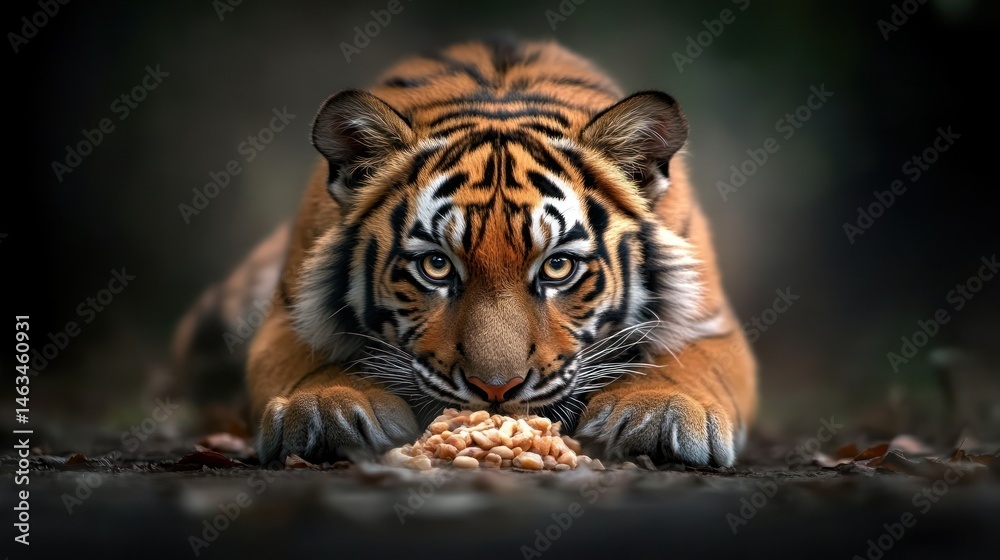 Obraz premium Majestic Sumatran Tiger Feasting in the Gloom