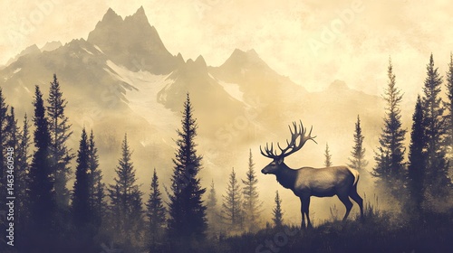 Tranquil Forest Scene with Majestic Deer Silhouettes - Professional Usage and Description