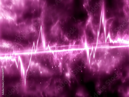 Pink energy waves pulse across a dark and cloudy background
