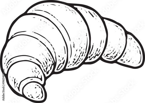 A hand-drawn black-and-white illustration of a croissant. Perfect for tea time designs, bakery graphics, or breakfast-themed decor