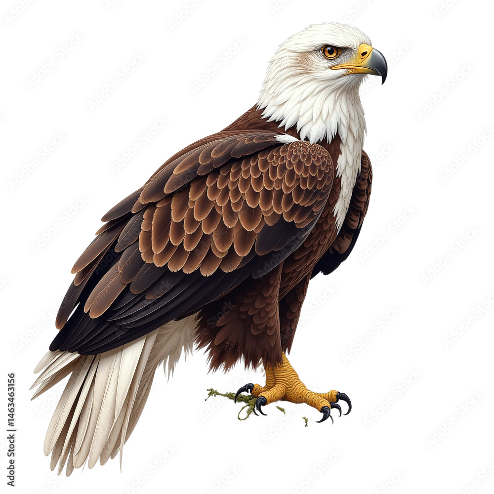 Obraz premium American bald eagle standing isolated on white background, wildlife photography, conservation symbol, national bird, strong and free, majestic animal, eagle illustration, bird of prey
