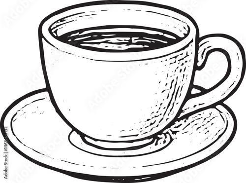 A hand-drawn black-and-white illustration of a tea cup on a saucer. Ideal for tea time designs, cafe decor, or beverage illustrations