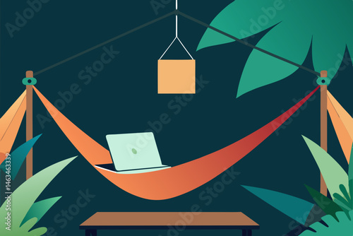 hammock office with hanging laptop tray and tropic