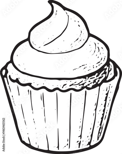 A hand-drawn black-and-white illustration of a cupcake with whipped cream. Ideal for tea time dessert designs, bakery graphics, or cafe decor