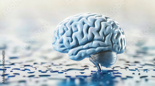 A brain is shown on a blue surface with a jigsaw puzzle piece in the background