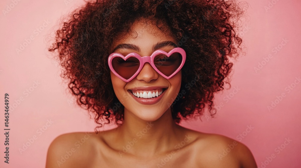 Joyful young woman with curly hair wearing heart-shaped sunglasses, smiling against a pink background. Joyful young woman with curly hair wearing heart-shaped sunglasses, smiling against a pink background.