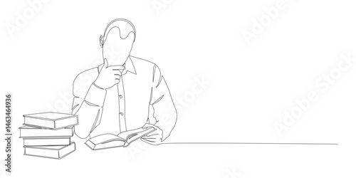 Line Art of Man Reading a Book at Desk with Stack of Books – Vector Illustration