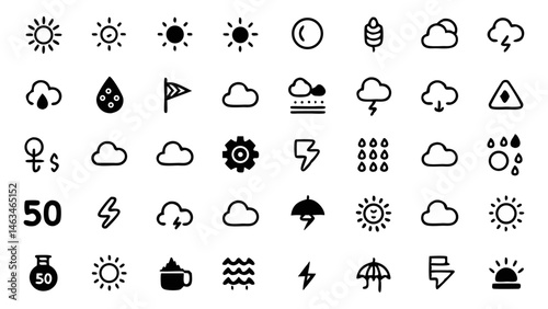Flat line style conceptual icon set designed for web and mobile interfaces suitable for UI design workflow dashboards and creative marketing collateral