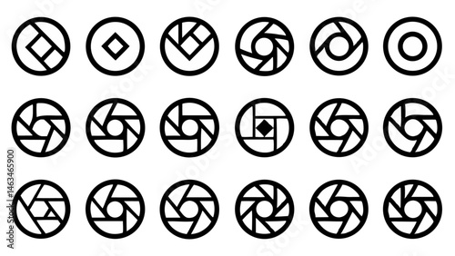 Flat outline silhouette camera shutter icon collection perfect for photography apps, graphic designers, or anyone looking for elegant photo-related vector symbols