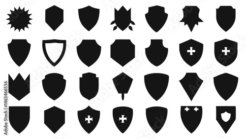Elegant set of protective shield icons in flat silhouette design suitable for technology graphics, security systems, and data protection branding visuals