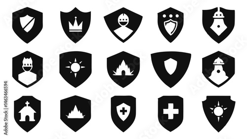 Unique flat silhouette protective shield icons crafted to fit modern app layouts, website graphics, and safety-first marketing visuals