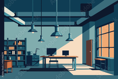 industrial office with exposed ducts  metal shelve