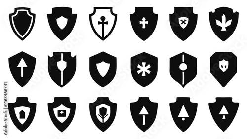 Versatile flat silhouette icons of protective shields crafted for modern user interface needs, web app graphics, and secure system presentations