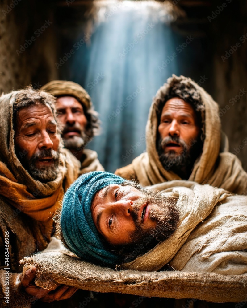 Fototapeta premium Four men lowering their paralyzed friend through a roof into a crowded house so that Jesus can heal him.