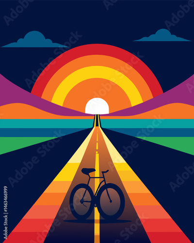 On a warm summer evening the solarpowered bicycle path shimmered with a rainbow of colors making for a picturesque ride.. Vector illustration