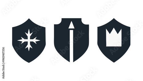 Vector silhouette icons of protective shields perfect for inclusion in tech app interfaces safety banners or digital security focused design elements