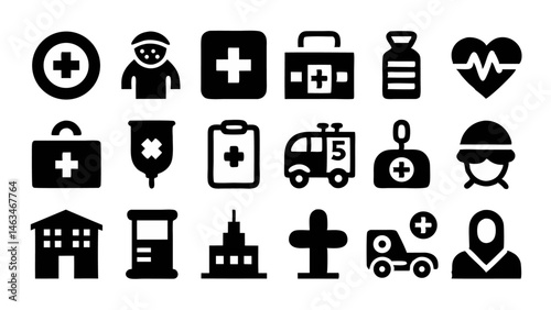 Vector line icons set focused on hospital and healthcare with essential symbols such as stethoscopes ambulances pills and cross signs useful for medical graphics