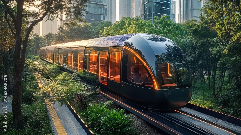 Fototapeta premium Eco-friendly urban transportation using clean energy, solar-powered buses and electric trains