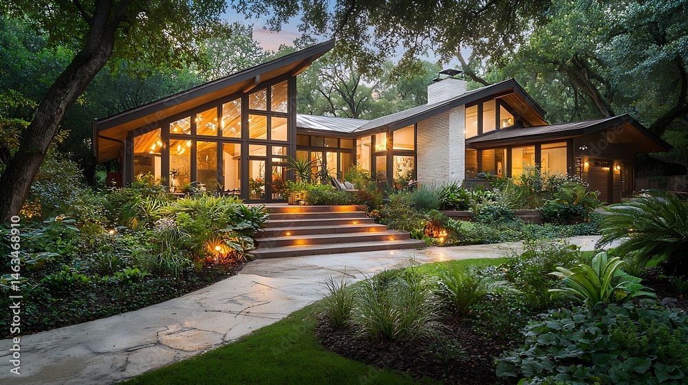 Elegant home with stone path, lush greenery, and large windows bathed in warm light Elegant home with stone path, lush greenery, and large windows bathed in warm light