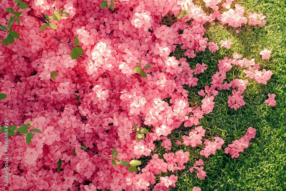 Obraz premium Pink flowers cascading over grassy ground.