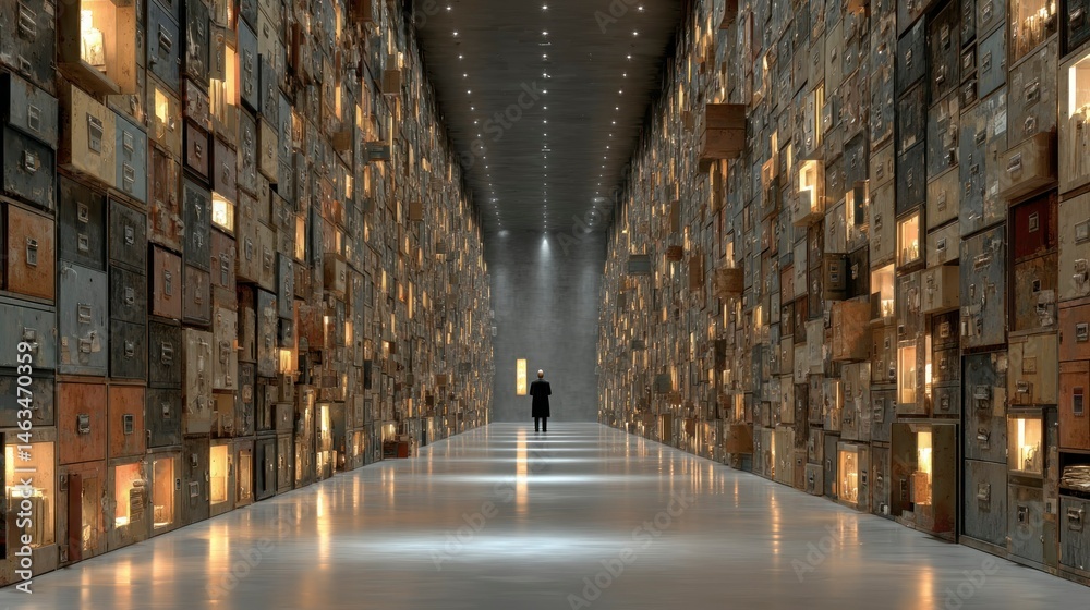Fototapeta premium A person standing in a long corridor of illuminated drawers interior design architecture mys