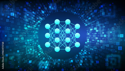 Neural network. AI. Artificial Intelligence. Machine Learning. Deep learning. Big data analysis technology. Binary code data flow. Virtual tunnel warp made with digital code. Vector illustration.