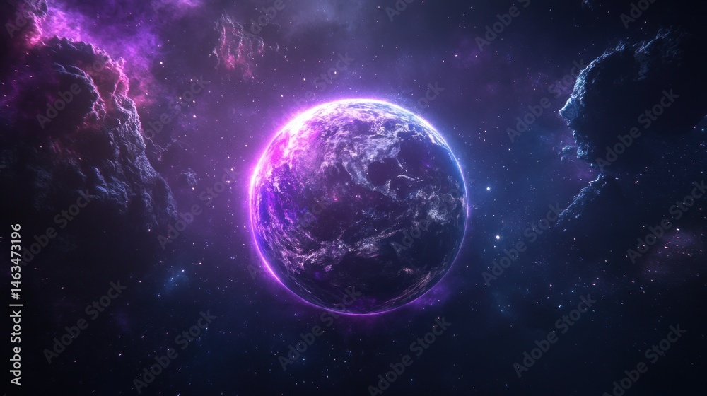 Obraz premium Cosmic planet vibrant nebula and starry night sky