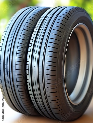 Two new black tires sitting together with distinct patterns