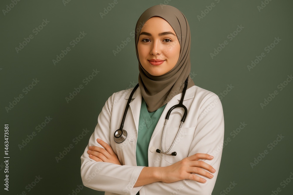 Confident Malay Muslim doctor in hijab with stethoscope and lab coat