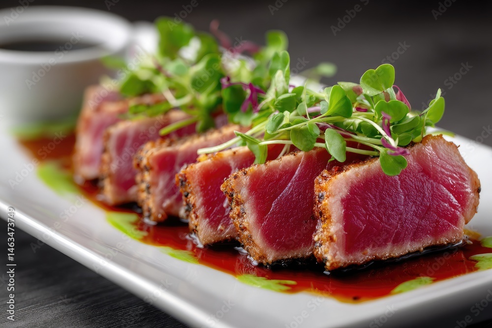 Freshly sliced tuna with vibrant garnishes on a platter. Freshly sliced tuna with vibrant garnishes on a platter.