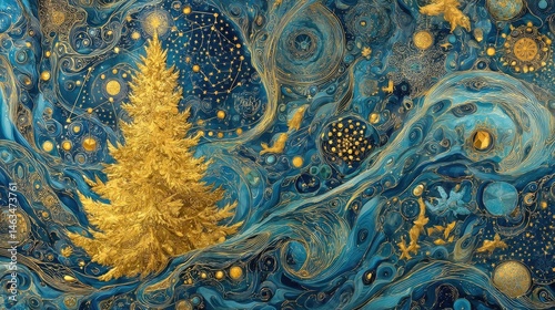 Abstract christmas tree in swirling blue and gold design