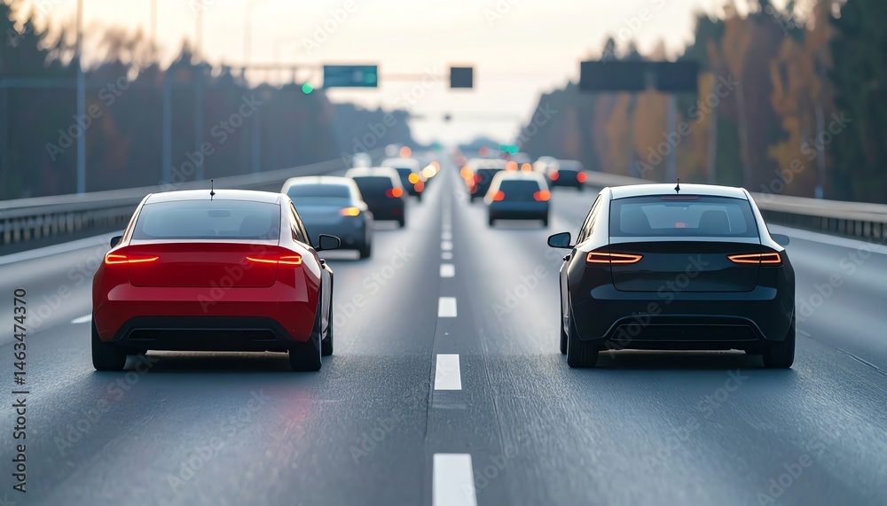 Two modern cars, a red one and a black one, drive on a multi-lane highway during sunset, surrounded by trees and a clear sky Two modern cars, a red one and a black one, drive on a multi-lane highway during sunset, surrounded by trees and a clear sky