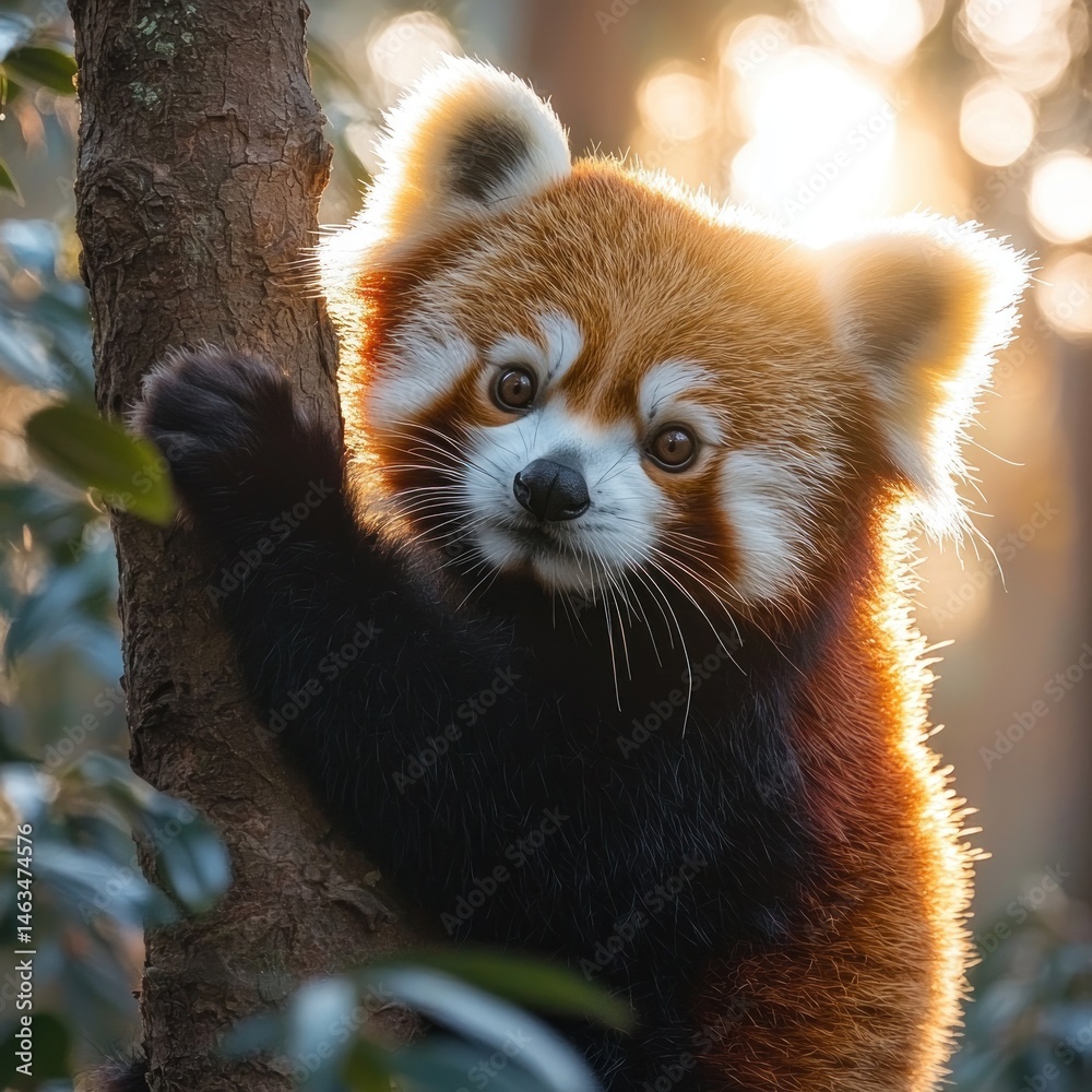 Fototapeta premium Adorable red panda clinging to a tree trunk in sunlit forest