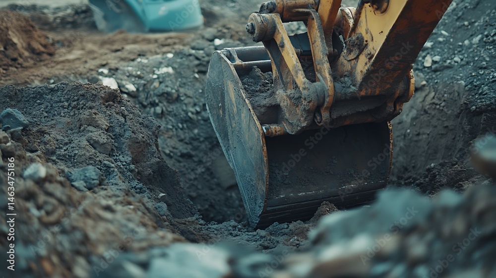 Fototapeta premium Excavator Bucket Digging into Soil at Construction Site
